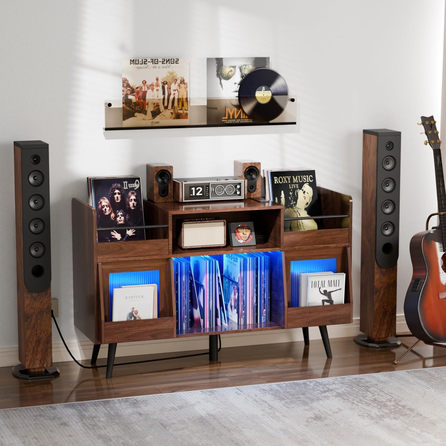 XL Record Player Stand with Sliding Door,500 Vinyl Record Storage Cabinet, Record Player Table with Power Outlet & LED Light,Turntable Stand with Wood Legs for Living Room,Office