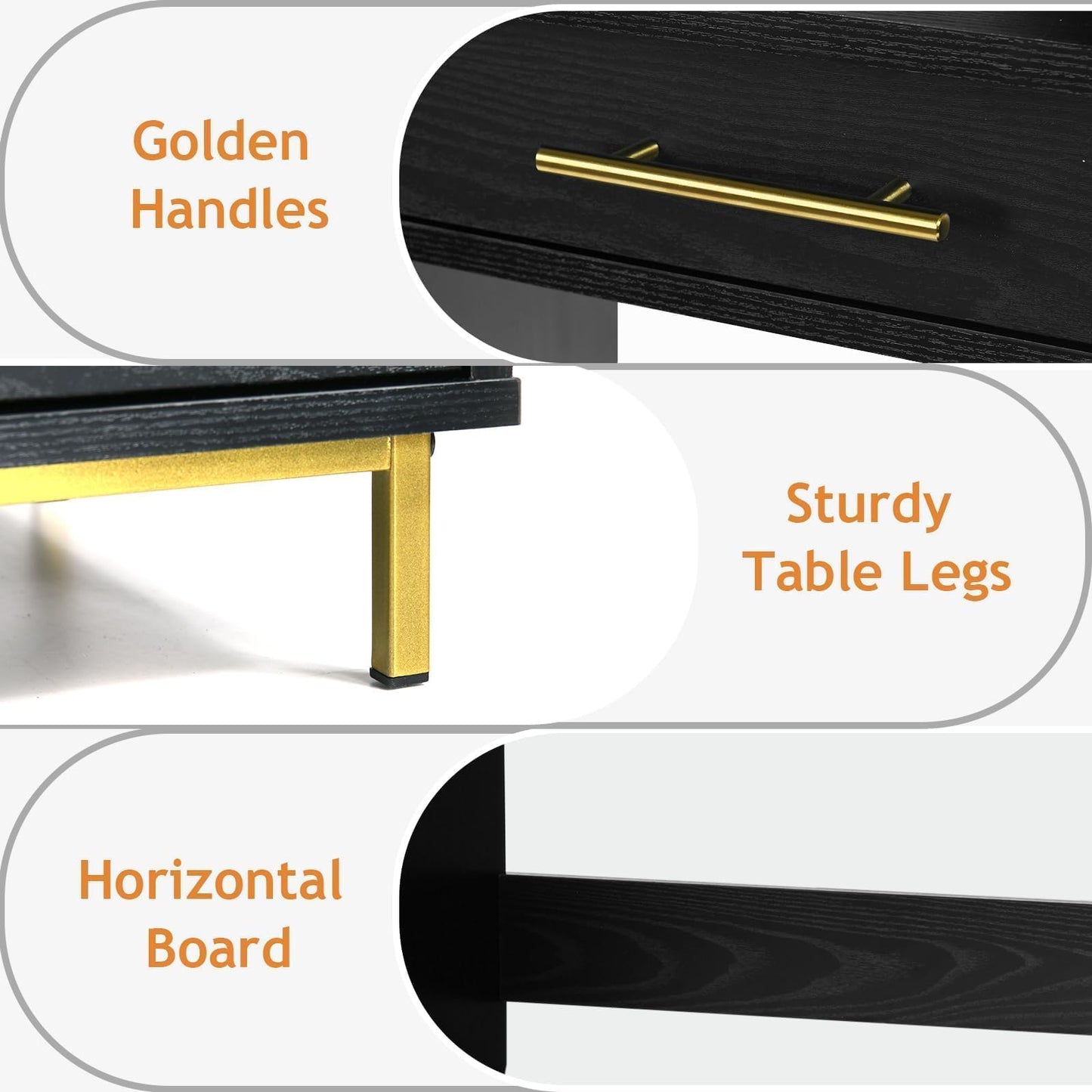 4 EVER WINNER Black Desk with Drawers, Modern Home Office Desks with Golden Handles and Drawers, Computer Table for Small Spaces, Black and Gold Desk