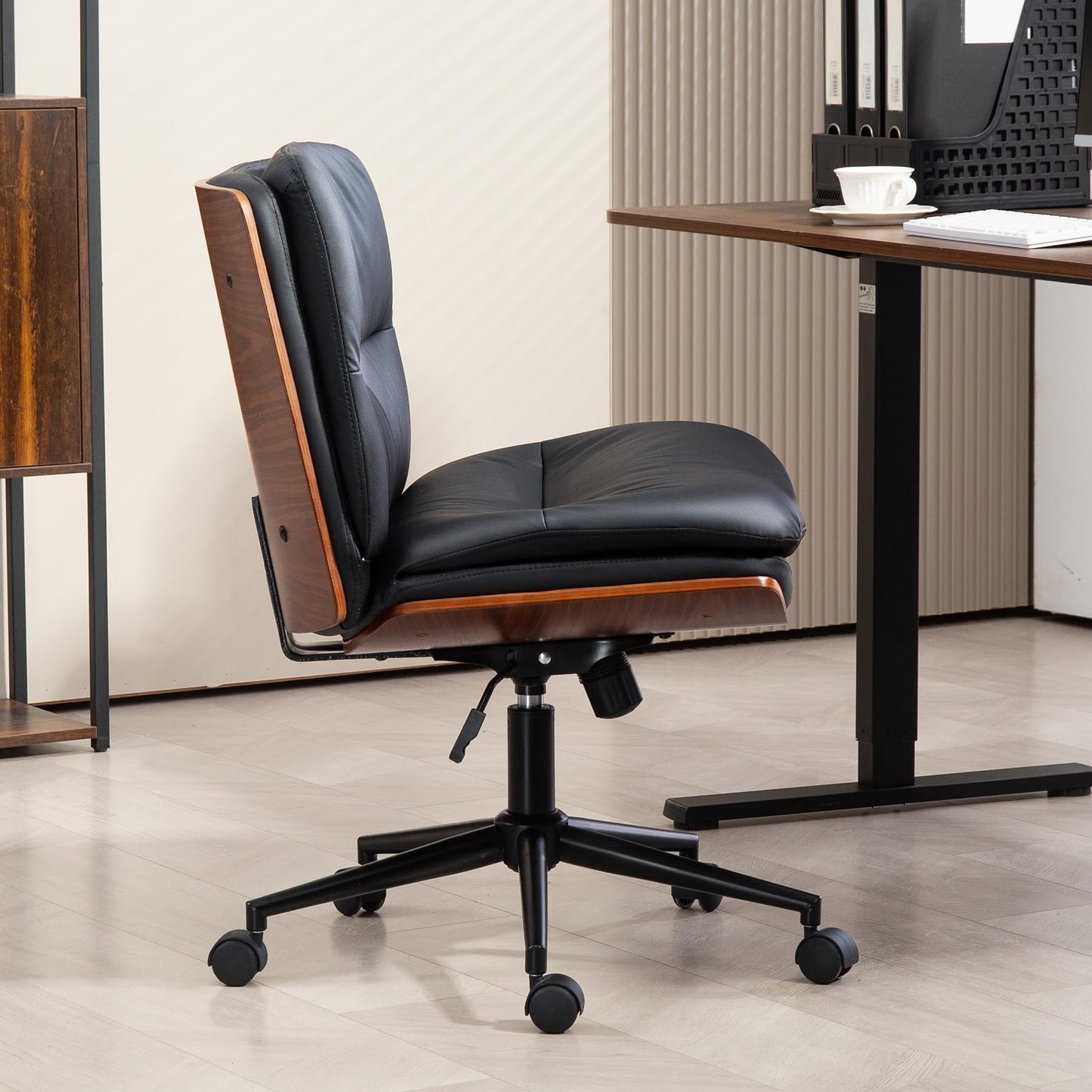 WQSLHX Office Chair, Criss Cross Legged Office Desk Chairs with Wheels, PU Leather Adjustable Swivel Walnut Task Chair with Wide Seat, Ergonomic Mid Back Computer Chair for Meeting Room, Home