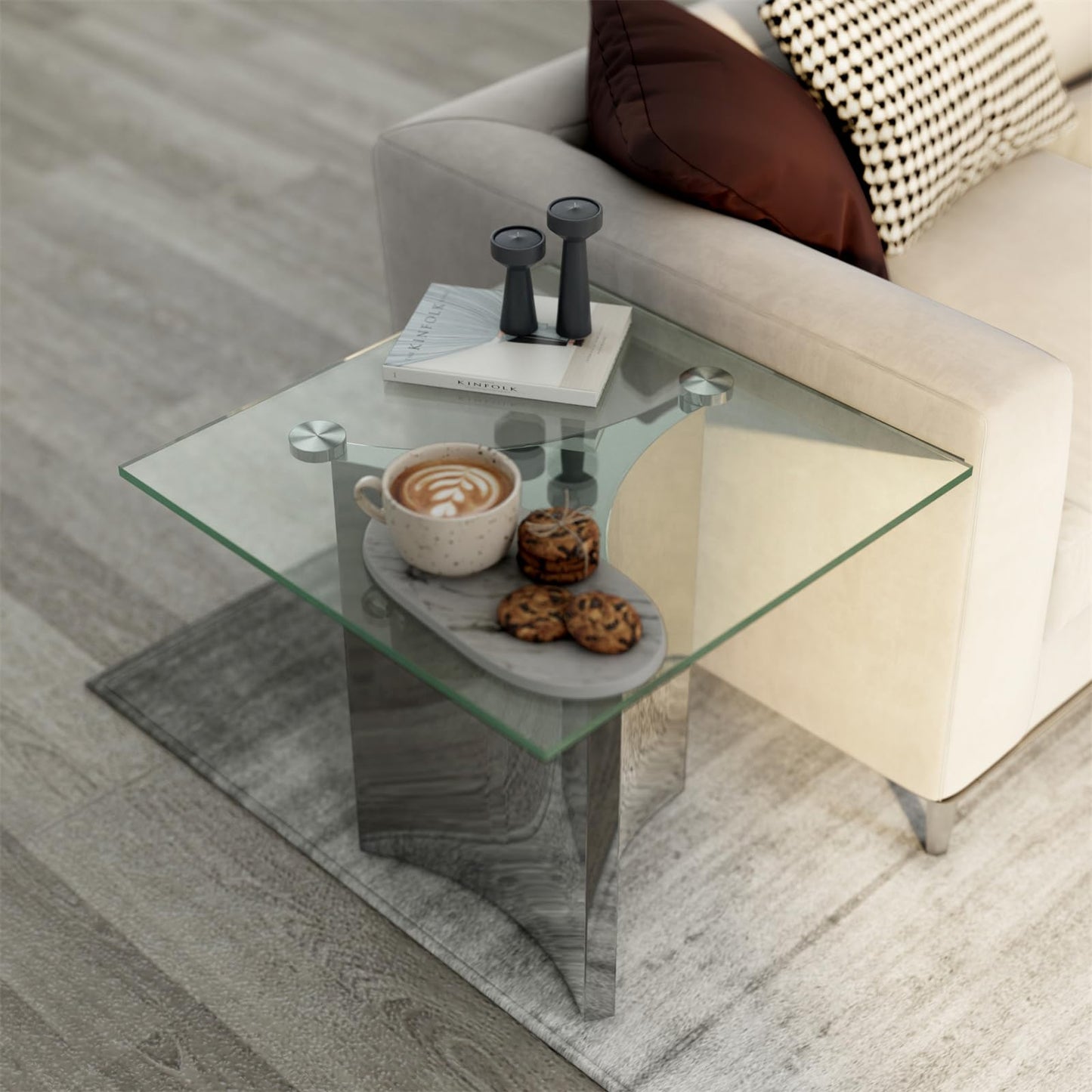 3-Piece Coffee Table Set, Modern Coffee Table & 2 End Table, Living Room Tables with Tempered Glass Top and Silver Mirrored Stainless Steel Geometric Base