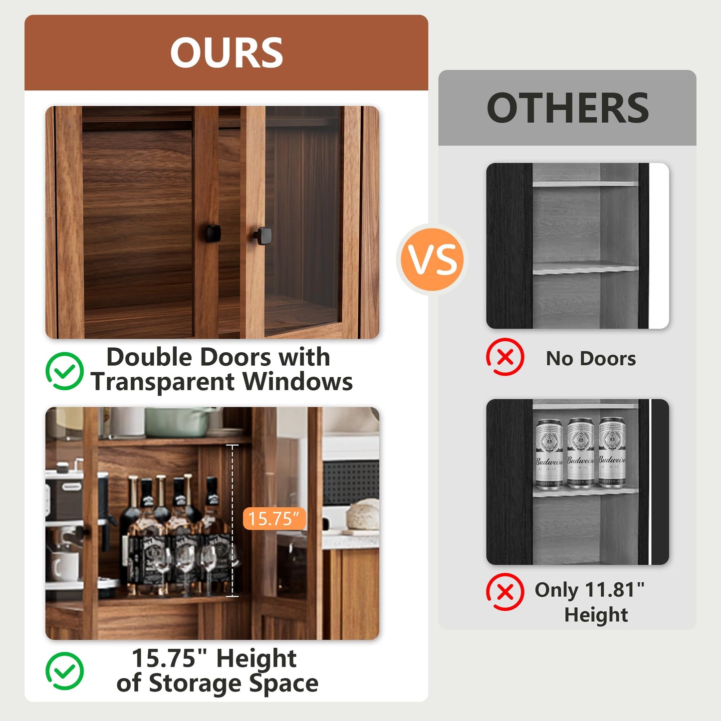 71" Tall Arched Kitchen Pantry Cabinet, Arched Cabinet with Glass Doors, Wooden Bookshelf, Versatile Cupboard for Kitchen, Living Room, Dining Room, Entryway