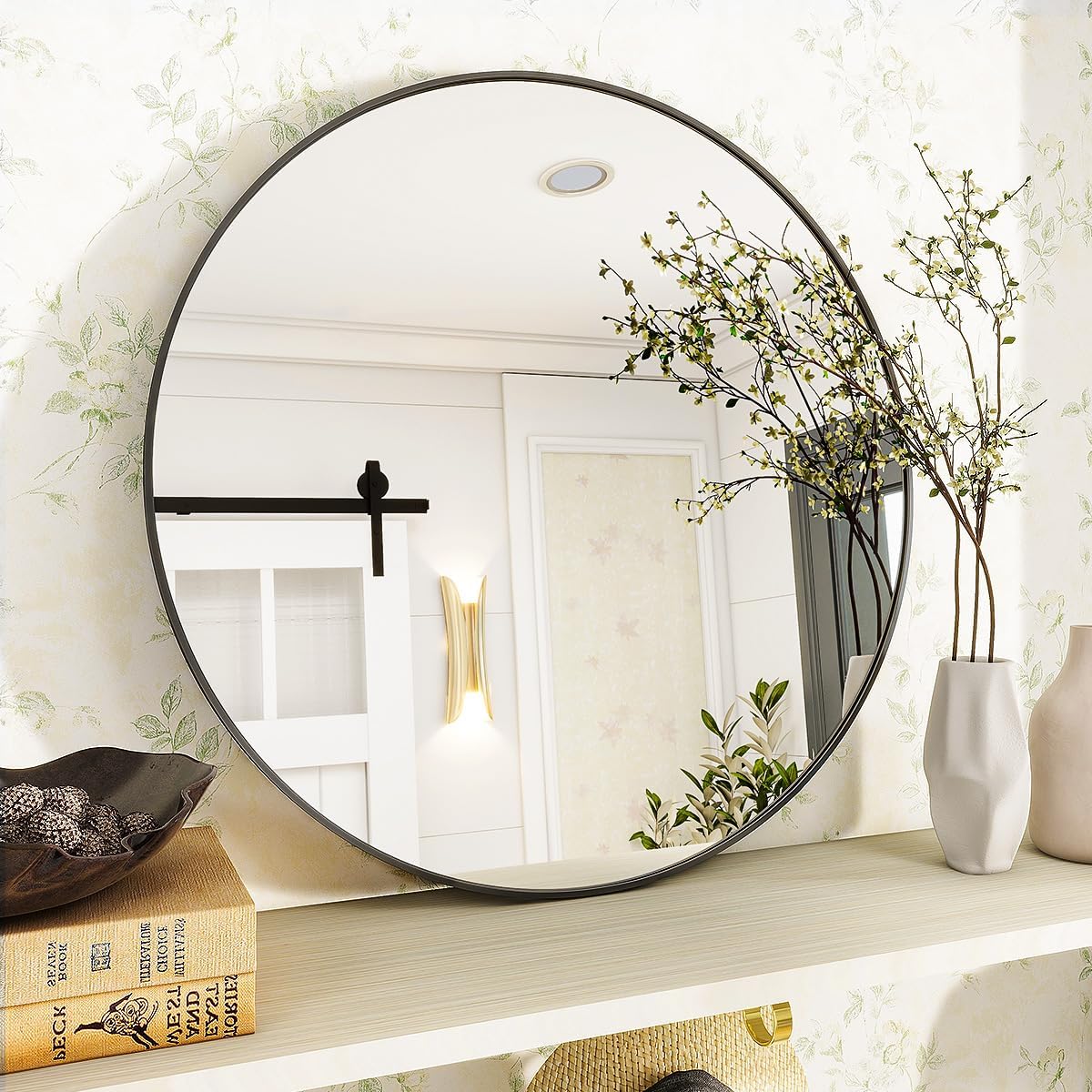 VooBang Black Round Bathroom Mirror, 30 inch Circle Wall Mounted Hanging Mirror with Simple Modern Circular Metal Frame for Hallway, Entryway, Living Room, Black Frame