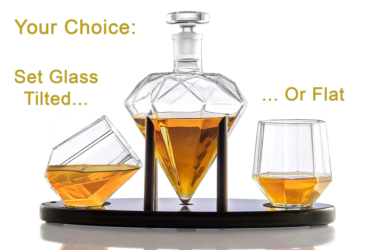 Whiskey Decanter Diamond shaped With 2 Diamond Glasses & Mahogany Wooden Holder – Elegant Handcrafted Crafted Glass Decanter For Liquor, Scotch, Rum, Bourbon, Vodka, Tequila – Great Gift Idea – 750ml