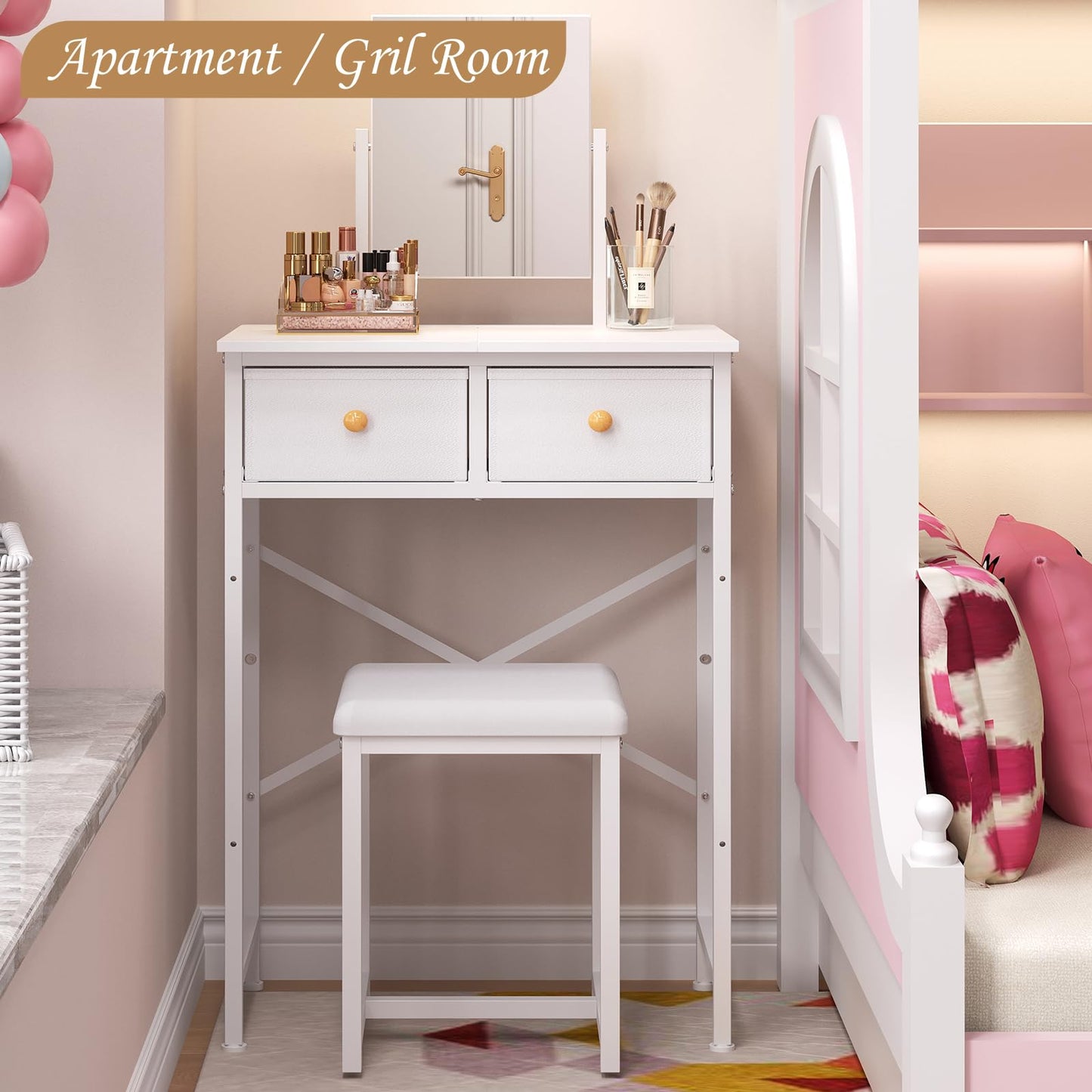 X-cosrack Small Makeup Vanity Desk with Mirror & Chair, Mini Vanity Desk Table Set with Fabric Storage Drawer, 19.7" Compact Vanity Desk for Girls, Dressing Table with Chair for Bedroom, White