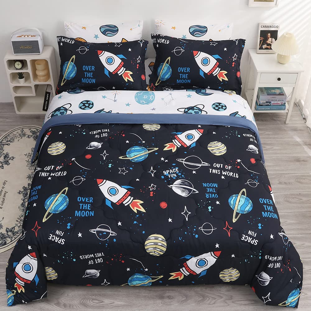 Wajade Kids Space Comforter Set Bed in A Bag Twin Size 7 Piece 3D Space Rocket Planets Bedding Set for Teens Boys Girls (1 Comforter, 1 Flat Sheet, 1 Fitted Sheet, 2 Pillowcase and 2 Pillow Sham)