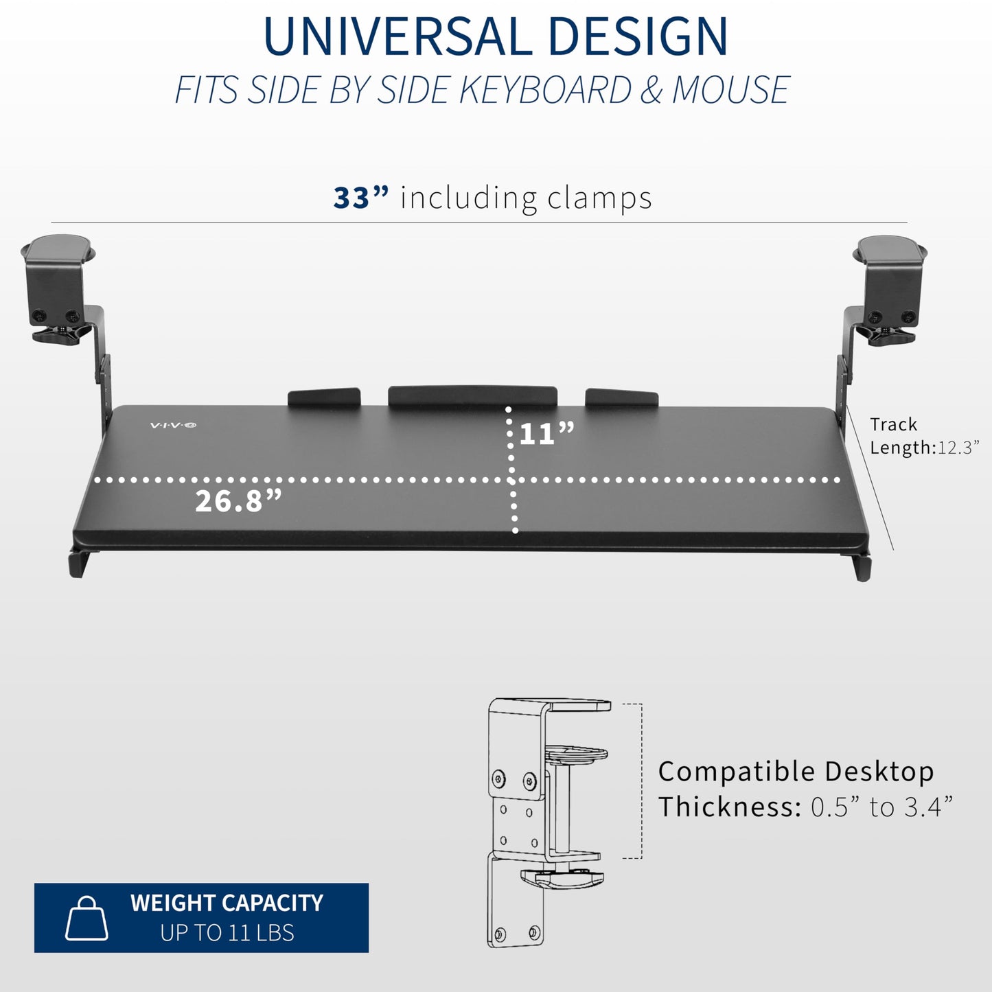 VIVO Large Height Adjustable Under Desk Keyboard Tray, C-clamp Mount System, 27(33 Including Clamps) x 11 inch Slide-Out Platform Computer Drawer for Typing, Black, MOUNT-KB05HB