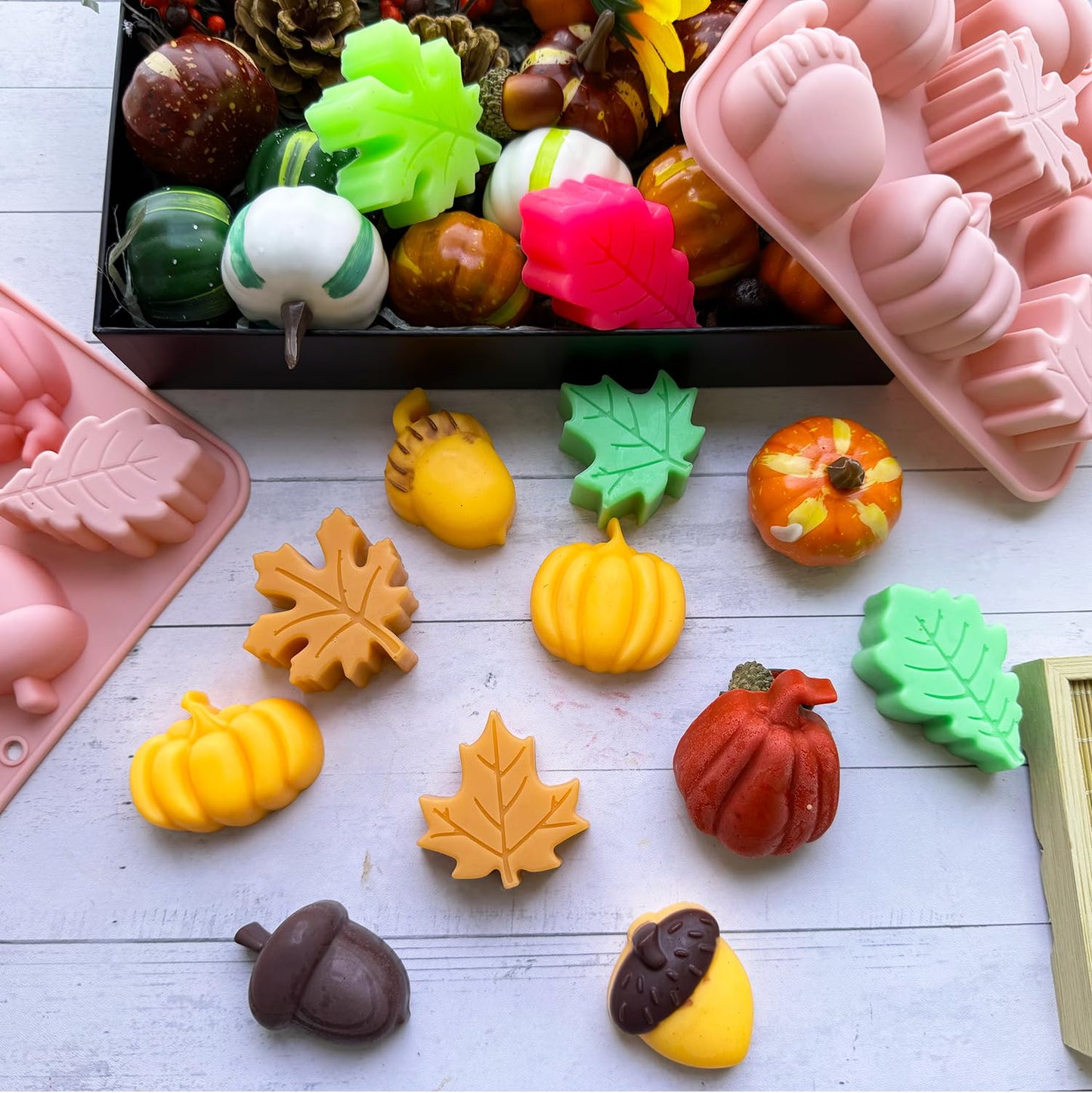 2Pcs 3D Pumpkin Silicone Mold Fall Silicone Mold Halloween Thanksgiving Candy Mold Autumn Maple Leaf Acornshape Chocolate Candy Cake Pan Baking Tray Molds for Cake Decoration upcake Toppers Resin Cand