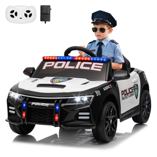 12V Police Car Ride On Car for Kids, Ride on Toy with Remote Control, Emergency Alert Tones, Megaphone, Flashing Lights, Music, Spring Suspension