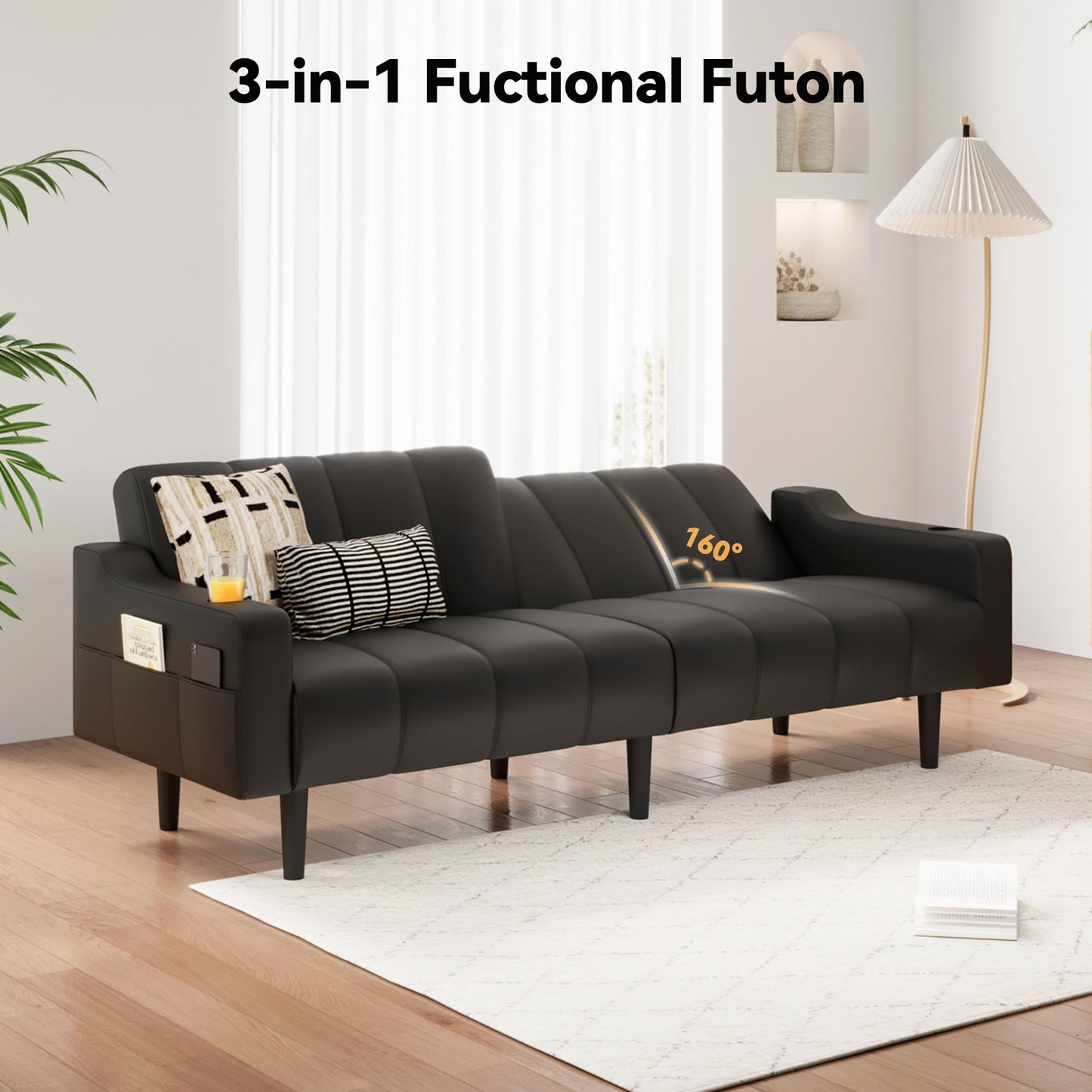 80'' Leather Couch, Futon Sofa Bed, Faux Leather Couch with Adjustable Backrest, 2 Cup Holders & Side Pockets, Mid Century Modern Sofa for Living Room, Bedroom, Black
