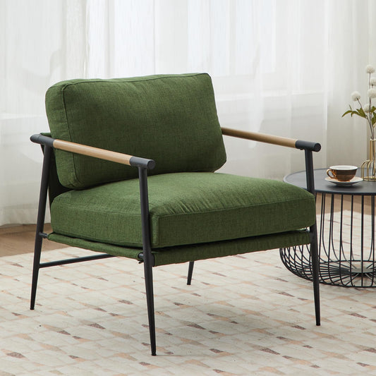 Ya-Home Mid-Century Accent Chair, Soft Armchair Linen Fabric Lounge Chair with Black Metal Legs, Upholstered Leisure Chair for Living Room Reception Room, 1PC, Green