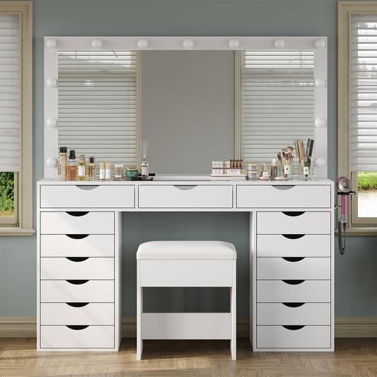 Yanosaku Vanity Desk with Mirror and Lights, Makeup Table with Charging Station, 3 Color Lighting Modes, 15 Drawers Dressing Table, Vanity with Chair for Bedroom, White