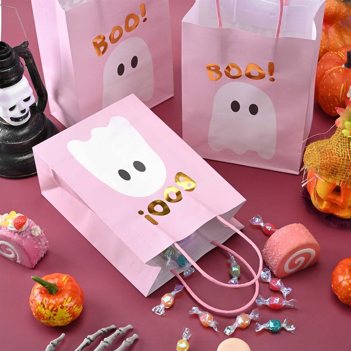 24Pcs Pink Halloween Paper Gift Bags with Handles Cute Ghost Boo Goodie Treat Bags for Halloween Baby Shower Party Trick or Treat Party Supplies