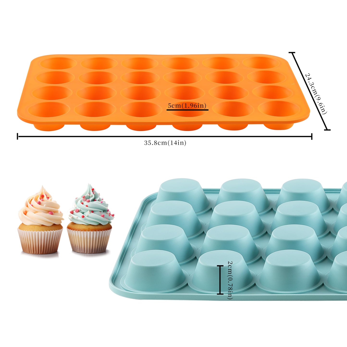 2PCS Silicone Mini Muffin & Cupcake Pan Set, Little Cook 24 Cups Mini Muffin Baking Pan, Non-Stick, BPA Free, Dishwasher Safe, Perfect for Making Muffin, Cakes, Tart (Orange + Peacock Blue)