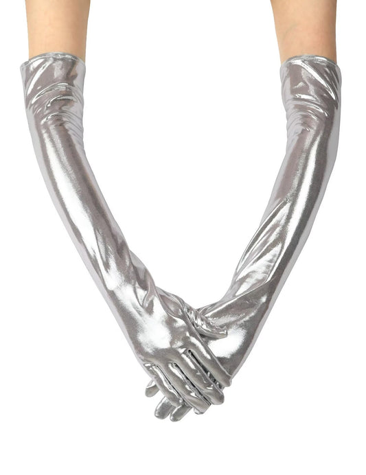 Women Long Opera Party Gloves 1920s Satin Gloves for Wedding Eveing Party Cosplay Rave Role Play Costume Silver