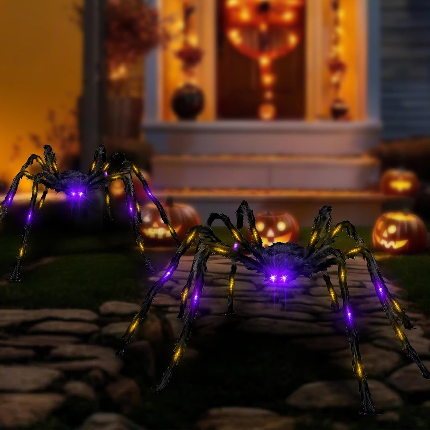 2 Pack 4.2Ft Halloween Giant Spider,Light up Spider with 24 Purple and Orange Lights,Light up Halloween Decorations Outside,for Yard Haunted House Window Party Porch Indoor Outside Decor