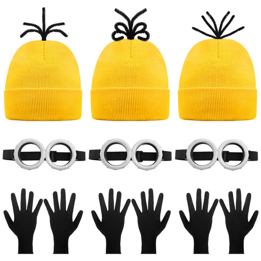VZZNN 9PCS Costume Accessories Set Yellow Beanie Knit Hat Vintage Goggles Glasses Black Gloves for Cosplay