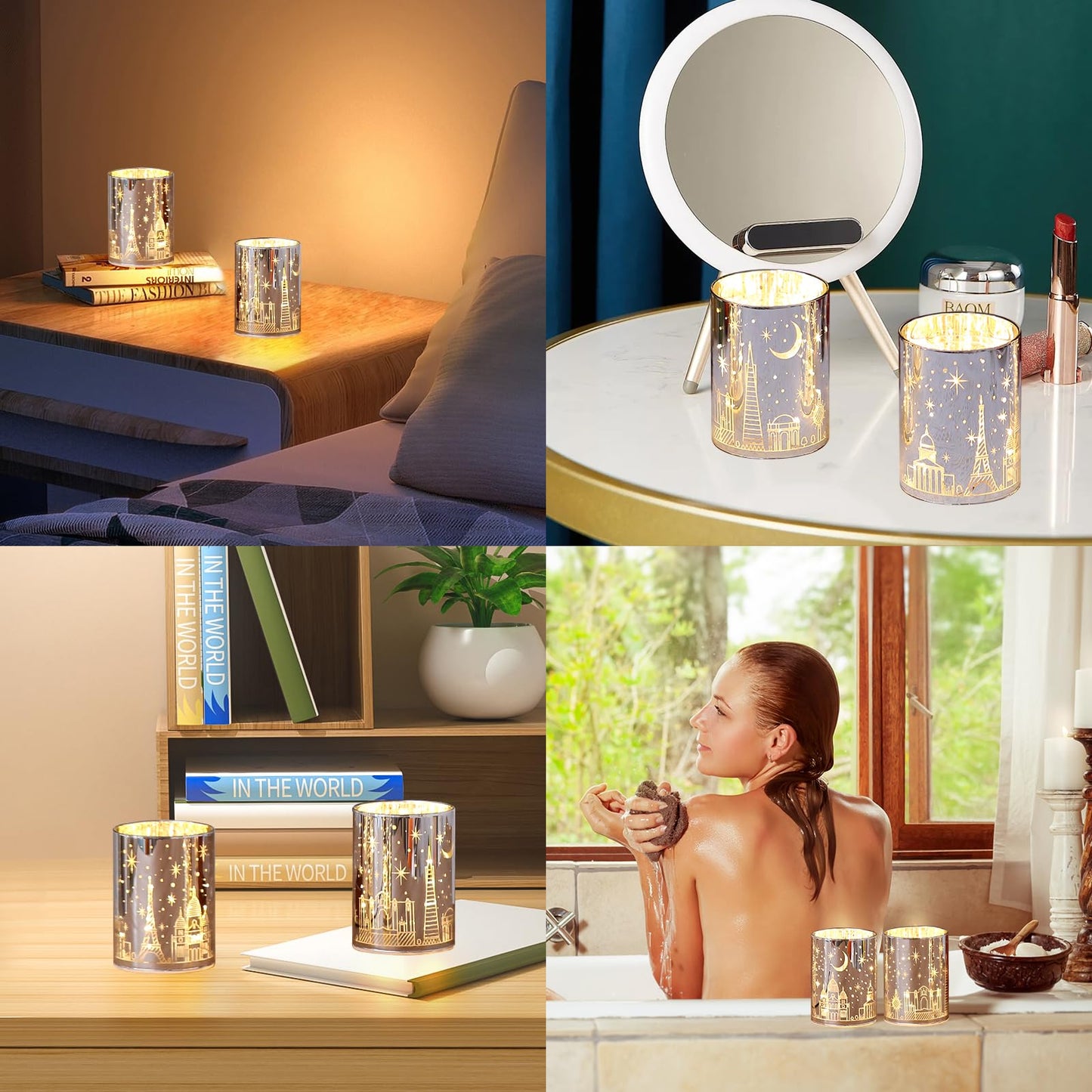 Votive Candle Holders, SunGlee Tealight Candle Holder with Gift Box, Glass Candle Holder with LED Light for Table Centerpieces, Tea Party, Wedding, Birthday, Various Themed Parties Table Decor 2Pack