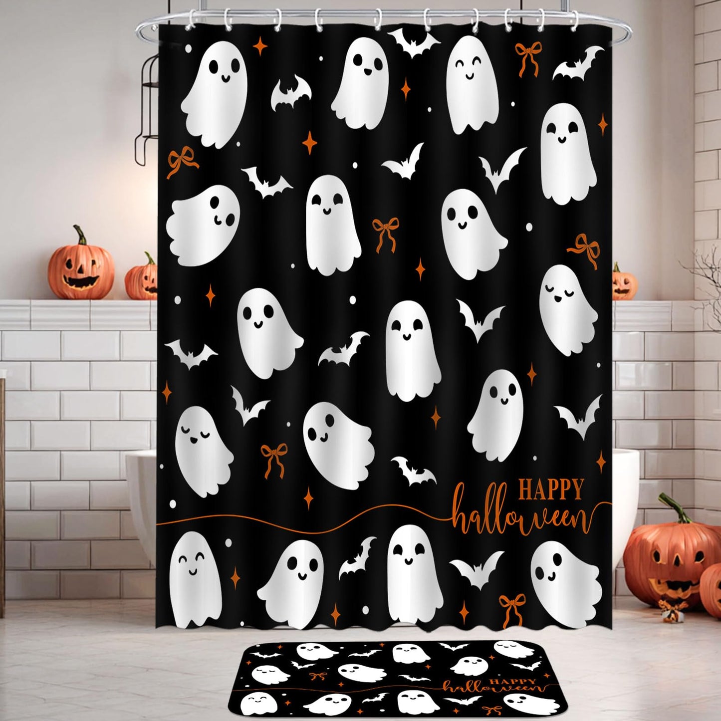 4Pcs Halloween Shower Curtain Set Black Spooky Bow Ghost Shower Curtain Set for Halloween Bathroom Decor with Anti-Slip Waterproof Bathtub Bathroom Rugs Toilet Lid Cover