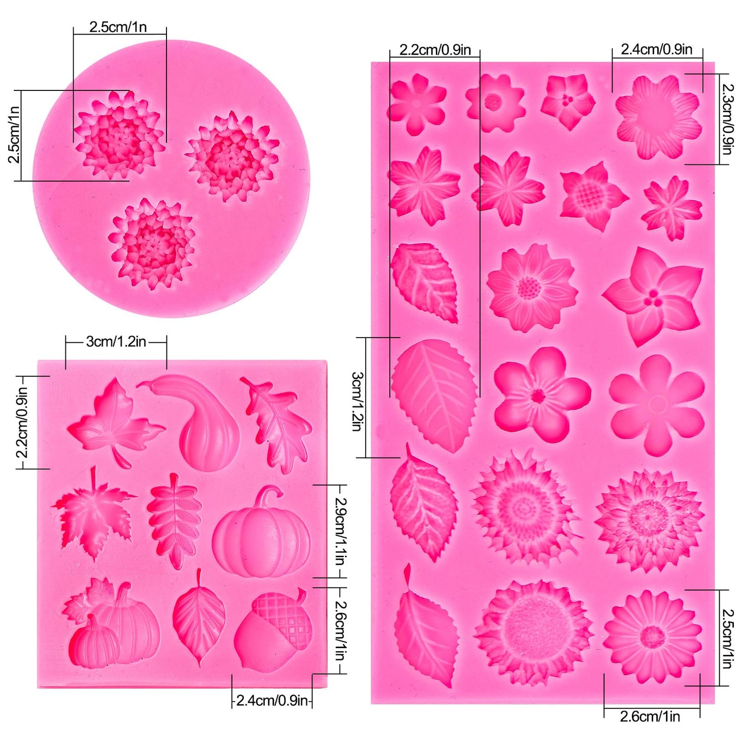 Whaline 3Pcs Fall Fondant Molds Fall Floral 3D Silicone Moulds Pumpkin Maple Leaf Flower Pine Cone Pattern Resin Molds Autumn Cupcake Cookie Candy Baking Moulds for Fall Thanksgiving Party DIY Crafts