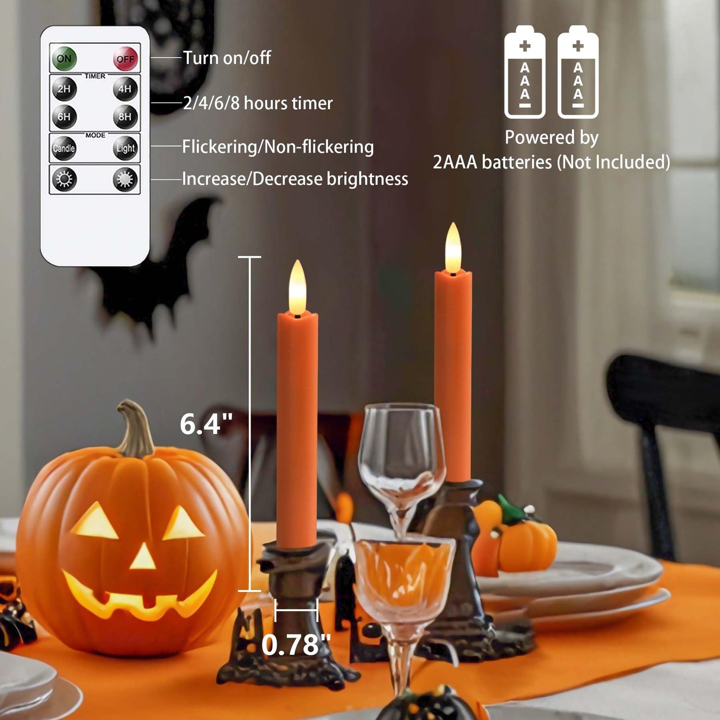 Yeelida Orange Flameless LED Taper Candles with Remote Control, 0.78"x 6.4" Long Lasting Plastic Battery Operated Flickering Short Window Candlesticks for Halloween Festival Decoration, Pack of 6