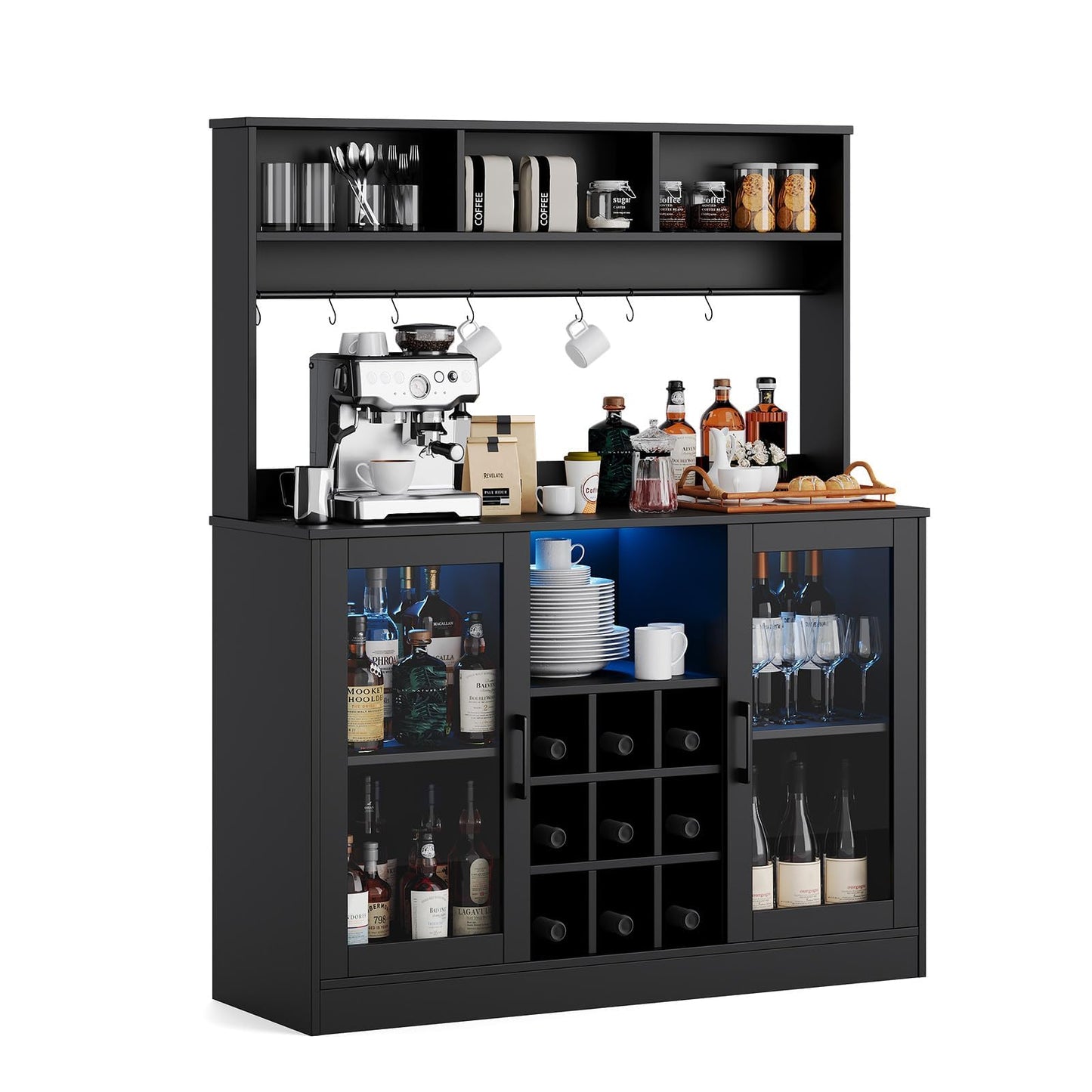 Wine Bar Cabinet with LED Light and Power Outlet, Liquor Cabinet with 9 Wine Racks, 6 Hooks and Adjustable Shelf, Coffee Bar Cabinet Buffet Sideboard for Kitchen and Living Room, Black, 47.2"D x 15.74