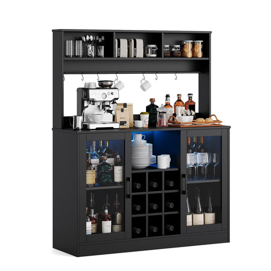 Wine Bar Cabinet with LED Light and Power Outlet, Liquor Cabinet with 9 Wine Racks, 6 Hooks and Adjustable Shelf, Coffee Bar Cabinet Buffet Sideboard for Kitchen and Living Room, Black, 47.2"D x 15.74