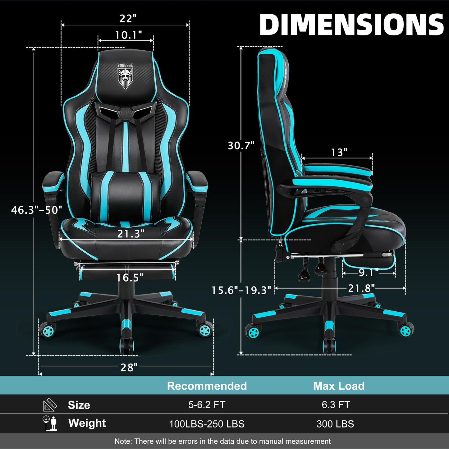 Vonesse Gaming Chairs for Adults, Gaming Chairs with Footrest Reclining Computer Chair for Heavy People,Big and Tall Ergonomic Gamer Chair with Lumbar Pillow(Teal/Cyan)