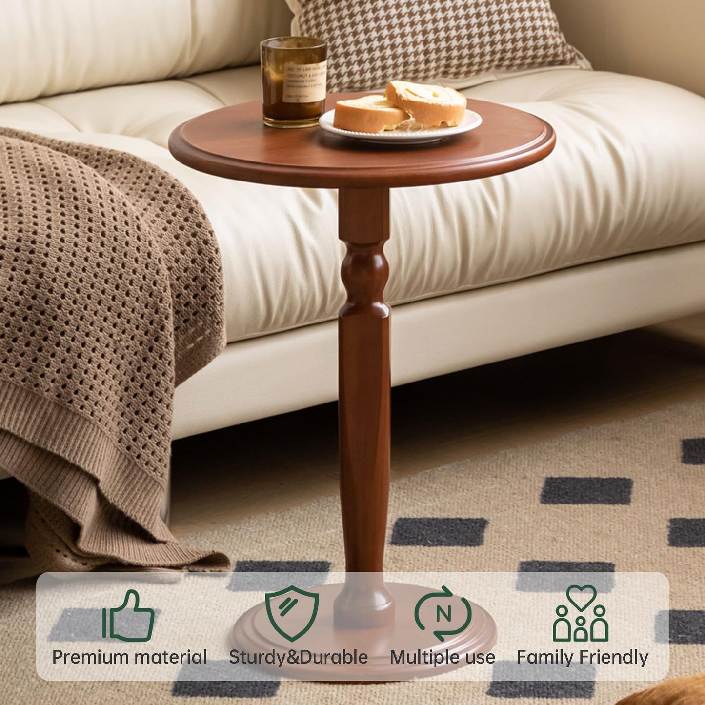 Wayshome Solid Wood Round Side Table, Small Drink Table for Small Places, Accent Table with Stable Pedestal for Living Room, Bedroom, Corners, and Nursery (Brown, 15.75" D x 15.75" W x 21.26" H)