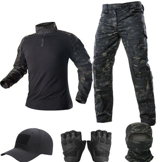 VPZenar Combat Uniform,Tactical Long Sleeve Shirt and Pants, Cap Balaclava Gloves Set,Black Camo Suits Paintball Clothing for Men
