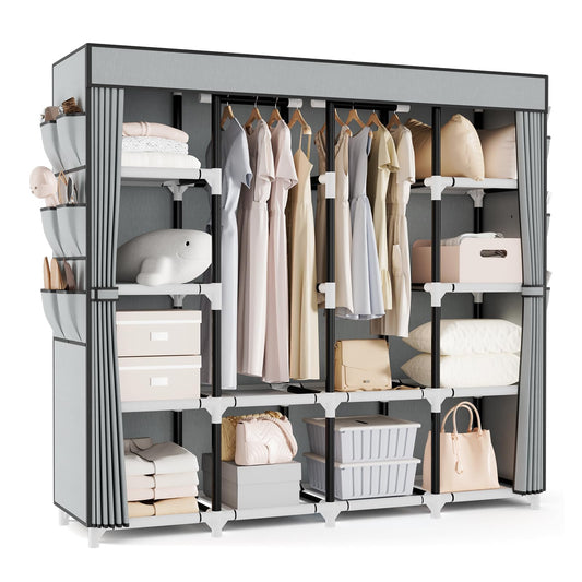 VTRIN Portable Closet, 69 Inch Wide Wardrobe Closet for Hanging Clothes, 19mm Metal Pipe,Sturdy Clothes Rack with Cover, 2 Hanging Rod,12 Shelves, 6 Pocket, Free Standing Closet for Bedroom