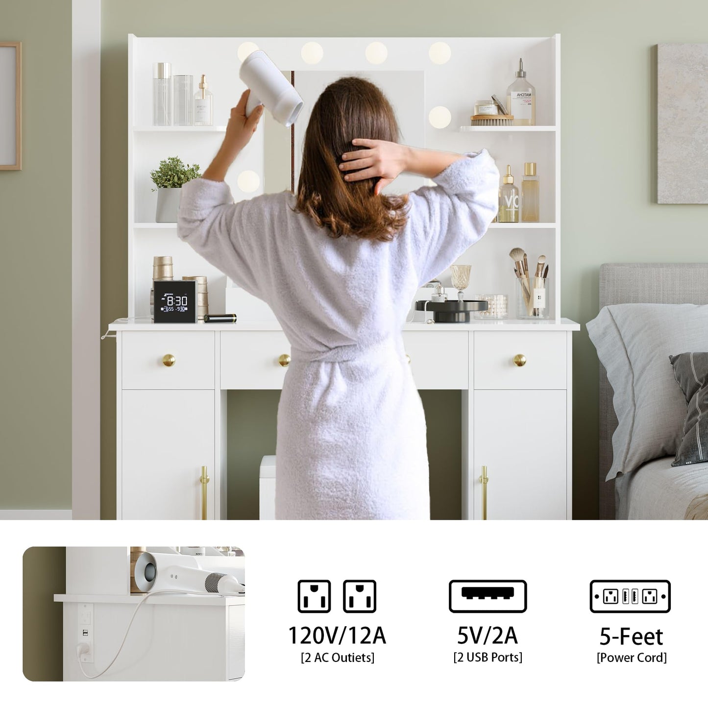 Wodeer Makeup Vanity Desk with Mirror and Lights, 43" White Vanity Set with Chair, 3 Drawers, Power Outlet & Adjustable RGB LED Lights, Dressing Table with Storage Shelf for Women & Girls Bedroom