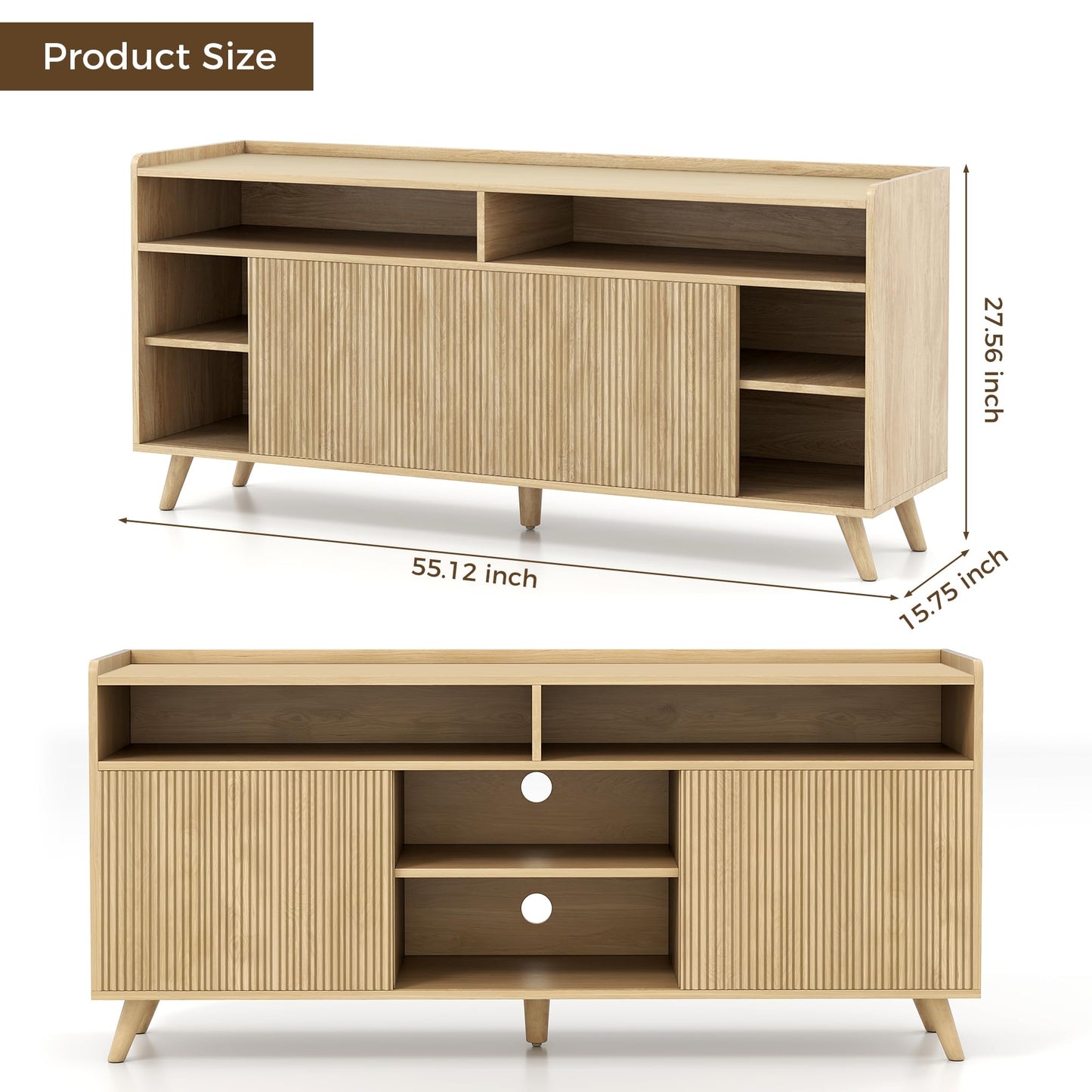 55'' TV Stand for 65 Inch, Fluted Modern TV Stands for Living Room with Sliding Doors and Adjustable Shelf, Entertainment Center with Storage Media TV Console Table for Bedroom (Natural Oak)