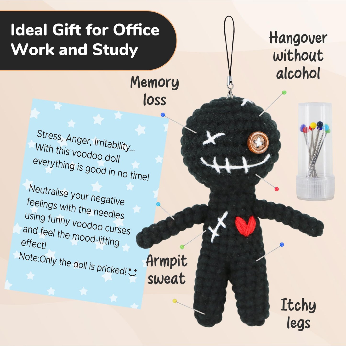 WenmthG Funny Positive Voodoo Doll, Emotional Support Gift, Cute Wool Crochet Doll with Needles, Stuffing Decoration Inspirational Positive Ornaments Gifts for Friend Coworkers
