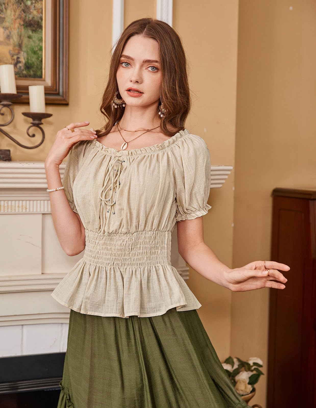 Women Off Shoulder Puff Sleeve Summer Tops Smocked Wasit Peplum Blouse Apricot S