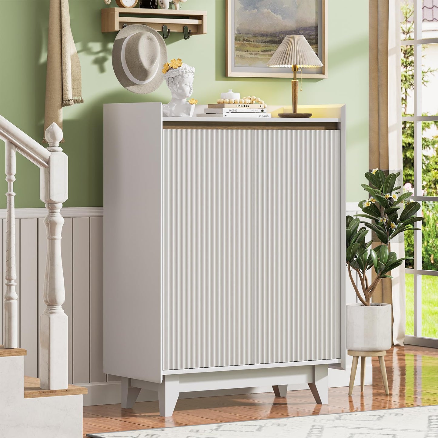 White Fluted Shoe Cabinet, 5-Tier Shoe Storage Cabinet with Adjustable Shelves, 43.7”H Tall Shoe Cabinet Storage for Entryway Hallway Living Room, Shoe Rack Organizer White & Walnut Wave Fluted Design