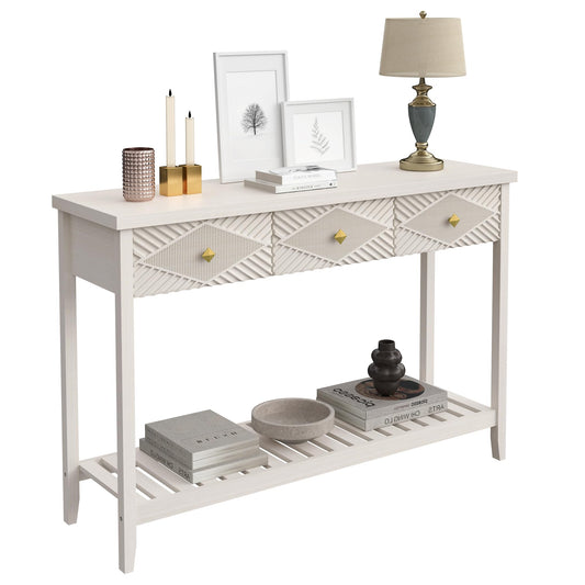 47" Console Table with 3 Drawers, Fluted Wood Entryway Table with Storage Shelf, Narrow Long Sofa Table Modern Behind Couch Accent Table for Living Room, Entryway, Hallway, Foyer