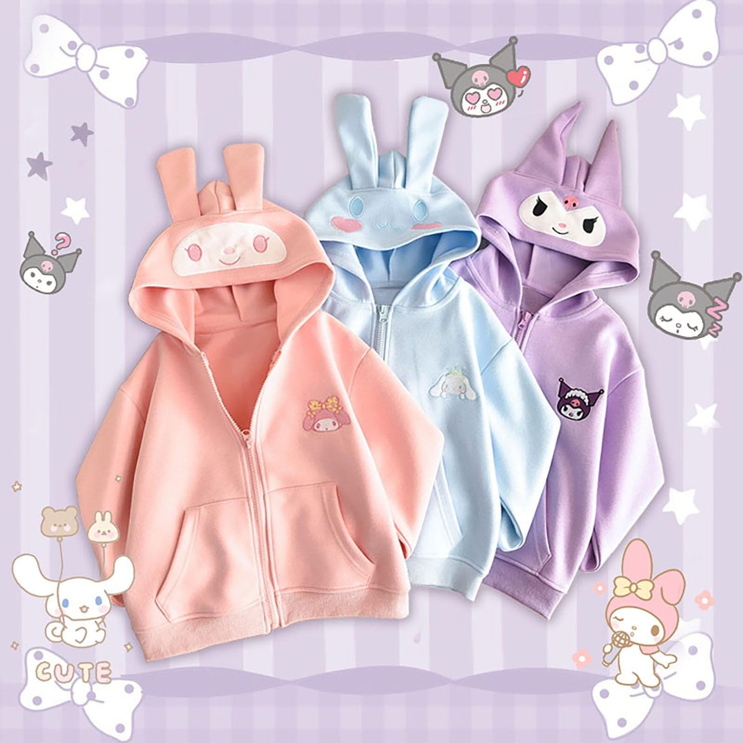 WANHONGYUE Full Zip Hoodie Sweatshirt Cartoon Ears Hooded Sweater Petite Women Girls Jacket Coat, Violet, S