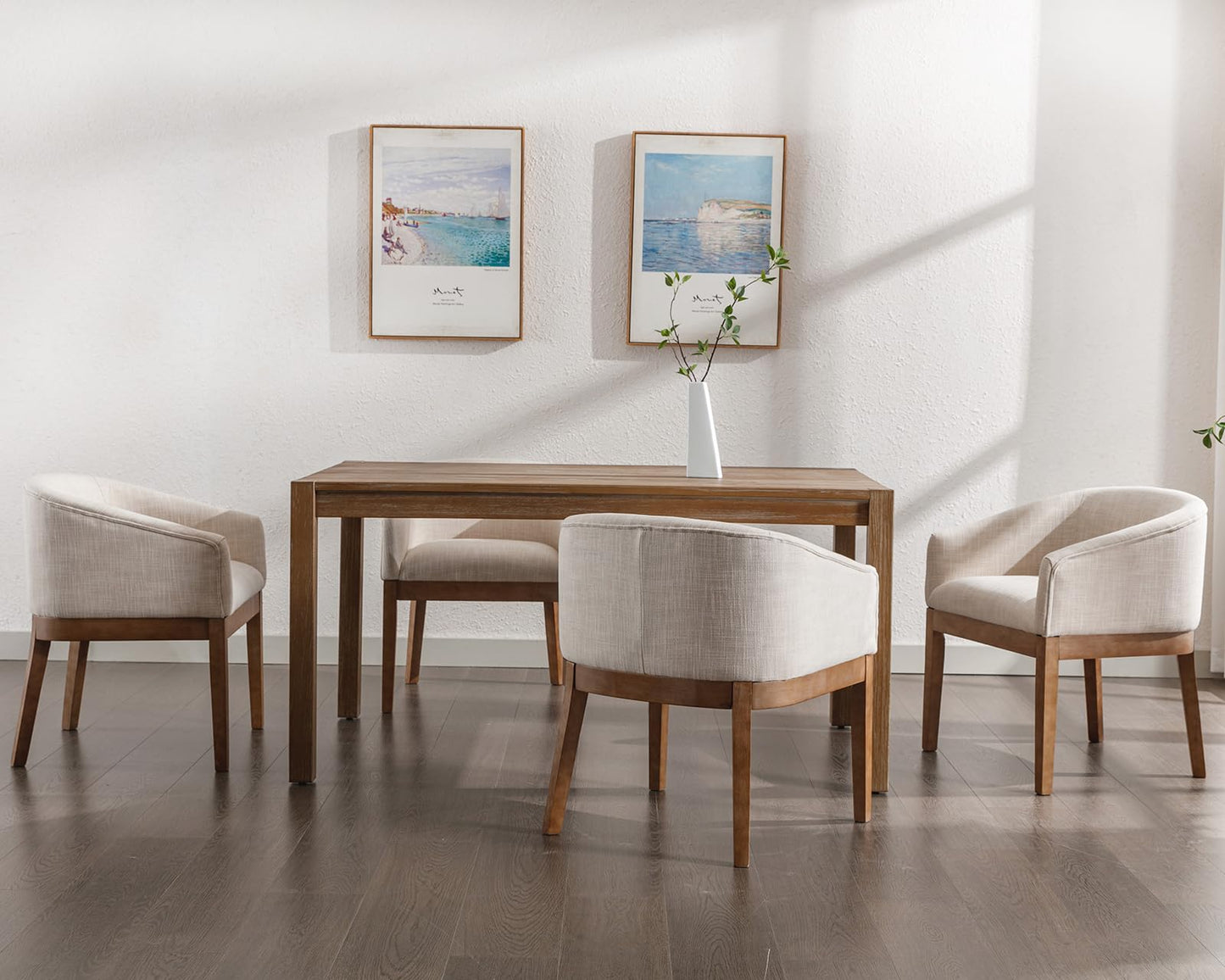 Washon Upholstered Dining Chairs Set of 4, Mid Century Modern Dining Room Chair with Arms, Barrel Kitchen Chair with Solid Wood Legs, Accent Side Chairs for Bedroom/Living, Beige