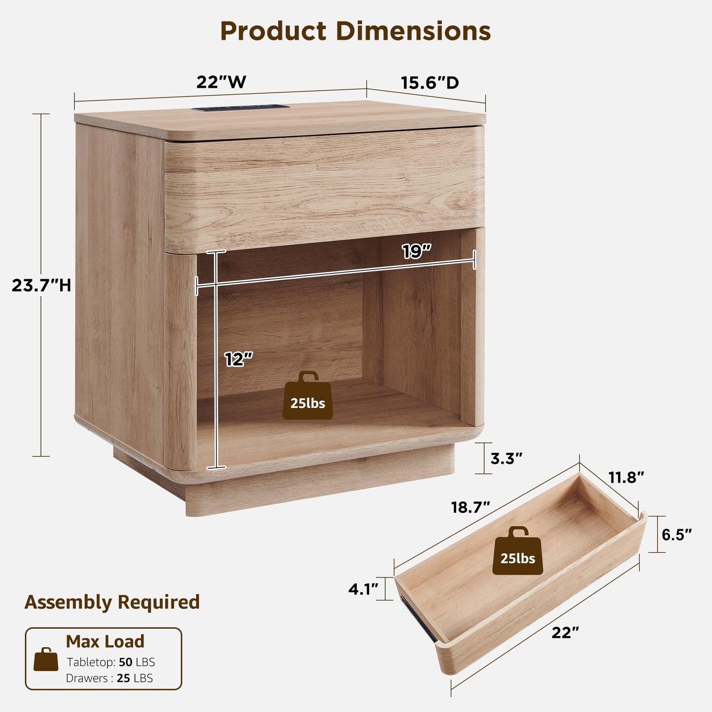 ACCOHOHO Modern Night Stand with Charger Station, 22" W Nightstand with Push-to-Open Drawers & Open Storage, Large Bedside Table for Bedroom, Living Room End Table, Curved Profile, Natural Oak