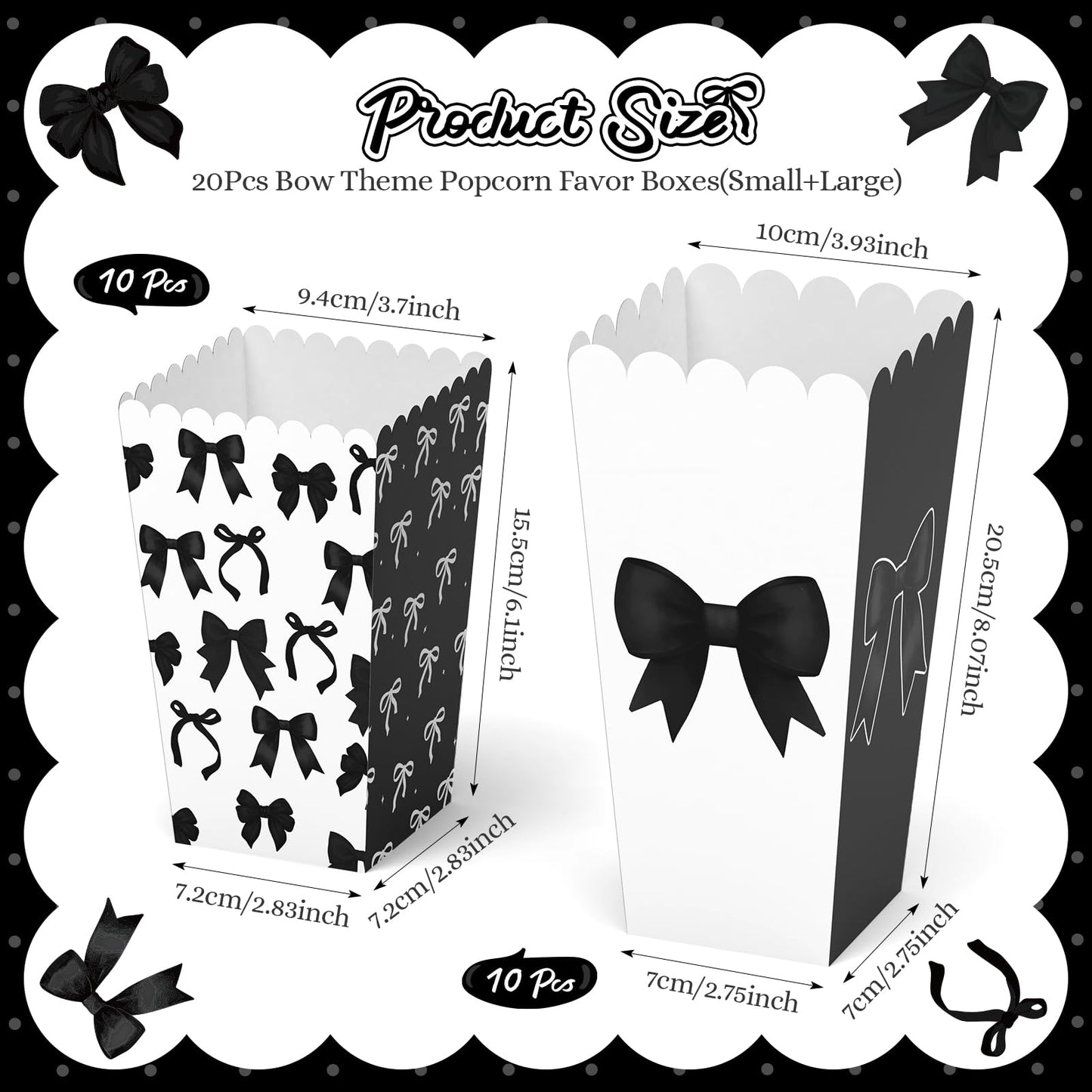 20Pcs Black Bow Popcorn Boxes, Bow Movie Night Popcorn Bags for Party, Black Bucket Containers for Birthday, Bridal Shower Bachelorette Graduation Party Decor (S + L)