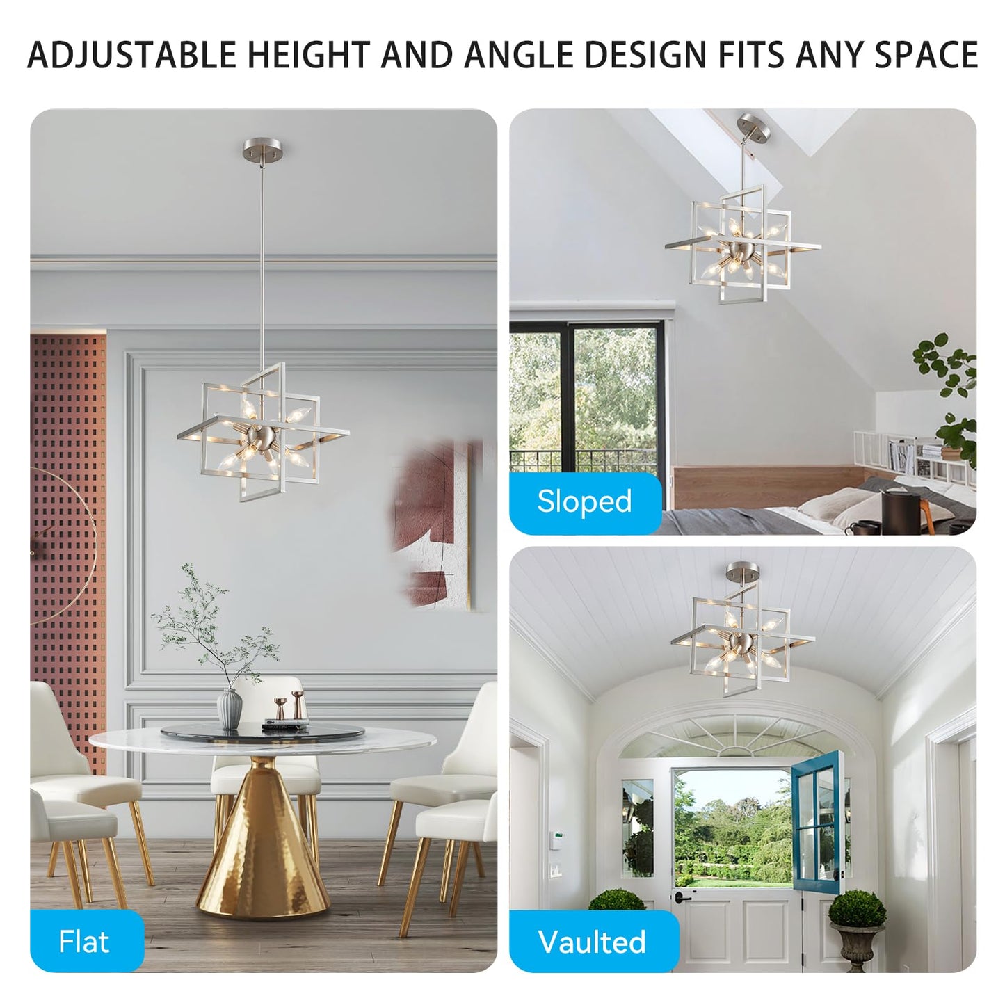 XINGQI Modern Chandelier 8-Light Brushed Nickel Geometric Pendant Lighting Farmhouse Ceiling Light Fixtures for Dining Room Living Room Kitchen Island Bedroom Hallway
