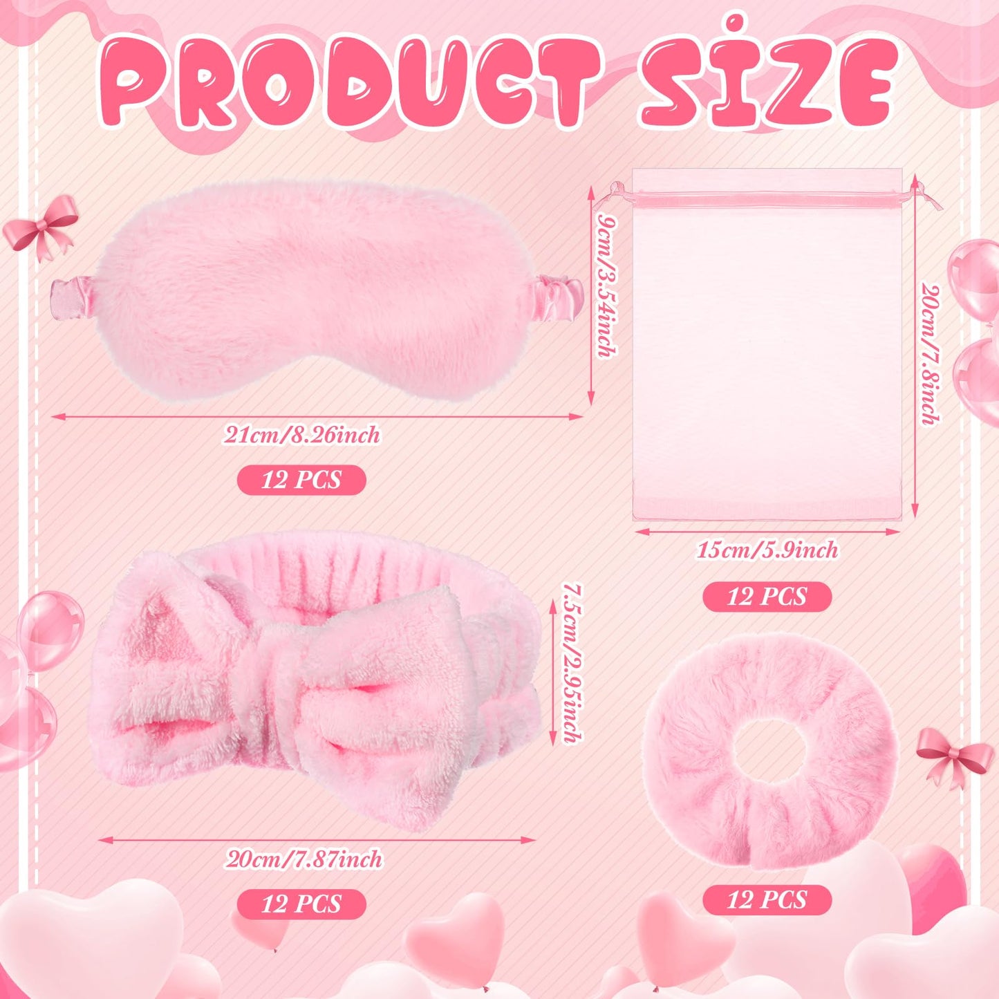 Wavyknot 60 Pcs Spa Sleepover Party Supplies Bulk Include 12 Pink Hairbands 12 Sleep Eye Masks 12 Plush Hair Scrunchies 12 Glitter Cups 12 Organza Bags for Women Sleepover Slumber Spa Party Favor Gift
