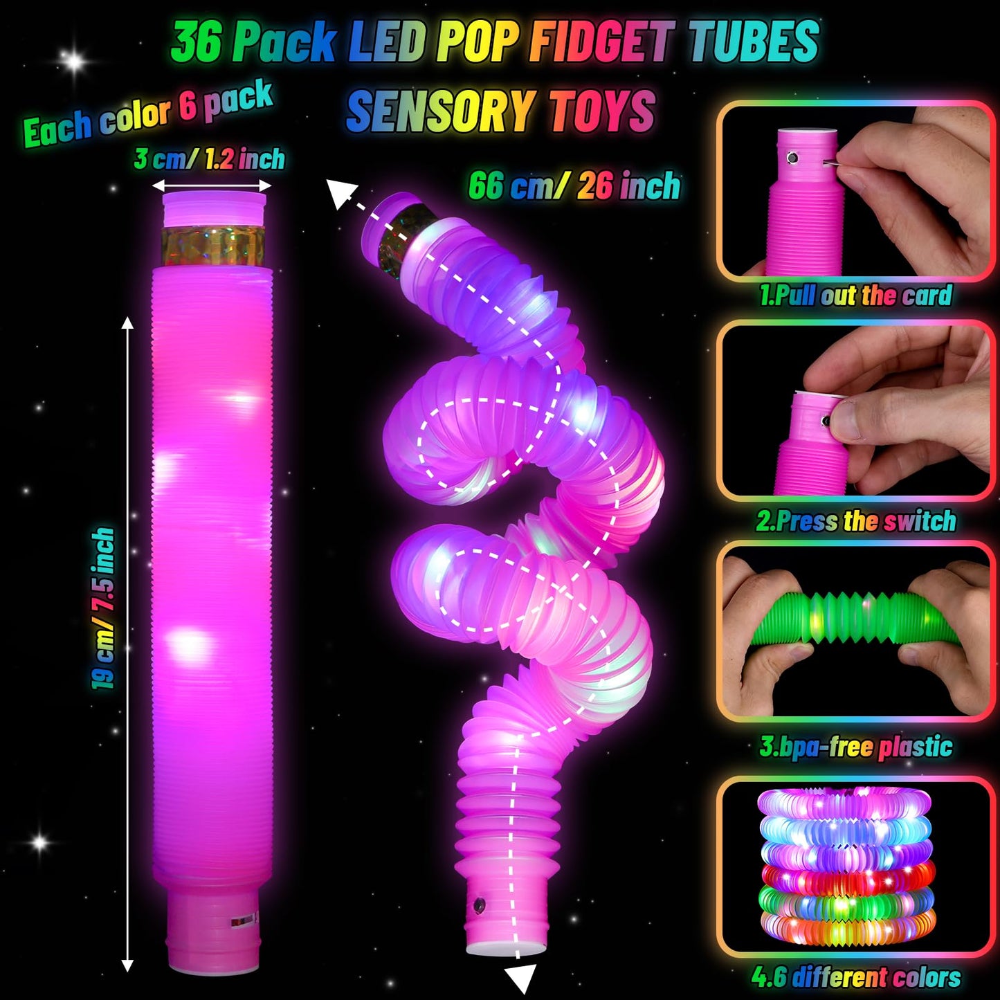76 Pcs Glow Light Up Pop Tubes &LED Glasses Sticks Party Favors, Glow Bracelets Necklaces Camping Toys, Rave Neon Flashing Glasses for Birthday Return Gift Goodie Bag Christmas Stuffer School Prizes
