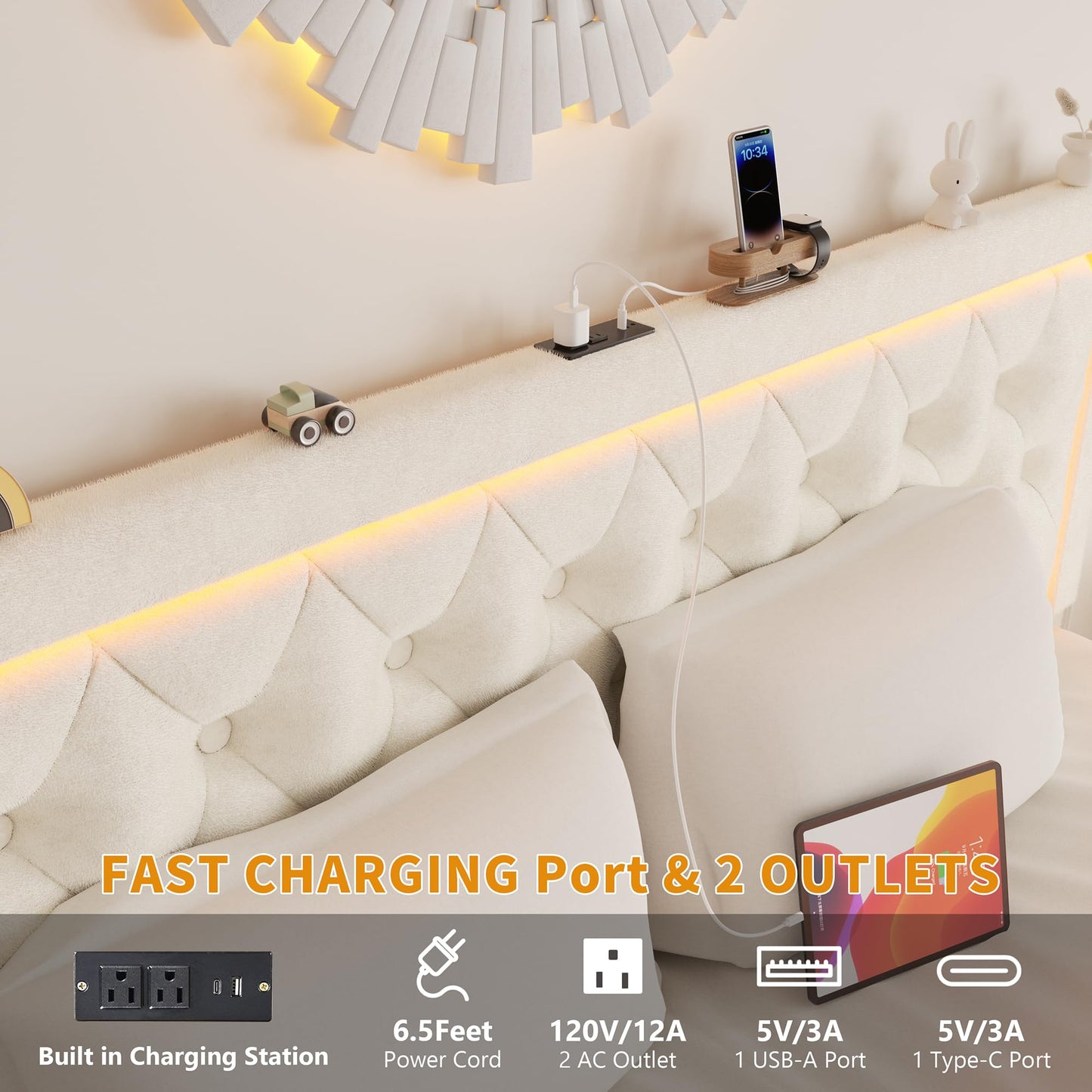 VOHOBY Queen Bed Frame with 4 Storage Drawers, Velvet Upholstered Bed Frame Queen Size with Charging Station and LED Lights, 46" Adjustable Button Tufted Headboard, No Box Spring Needed, Beige