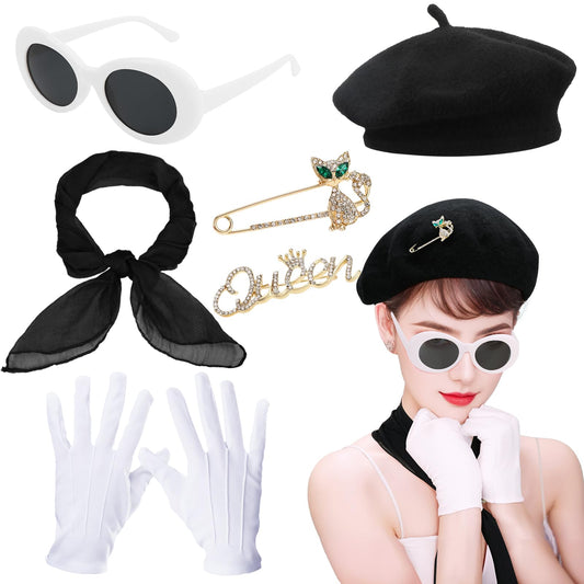 XEPST 6PCS French Women set - 50s Fancy Dress for Women with Black Beret Sunglasses Scarf Gloves Brooches French Artist Mime Kit for Halloween Costumes Cosplay Carnival Fancy Dress Up, Black