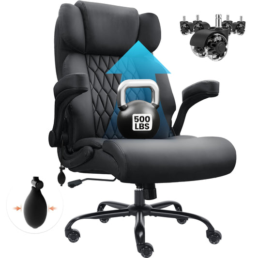 500lbs Big and Tall Office Chair Adjustable Lumbar Support for Back Pain, Extra Wide Seat Executive Ergonomic Comfy Computer Desk Office Chair Thick Armrest Pad, Heavy Duty Base&Upgraded Wheels