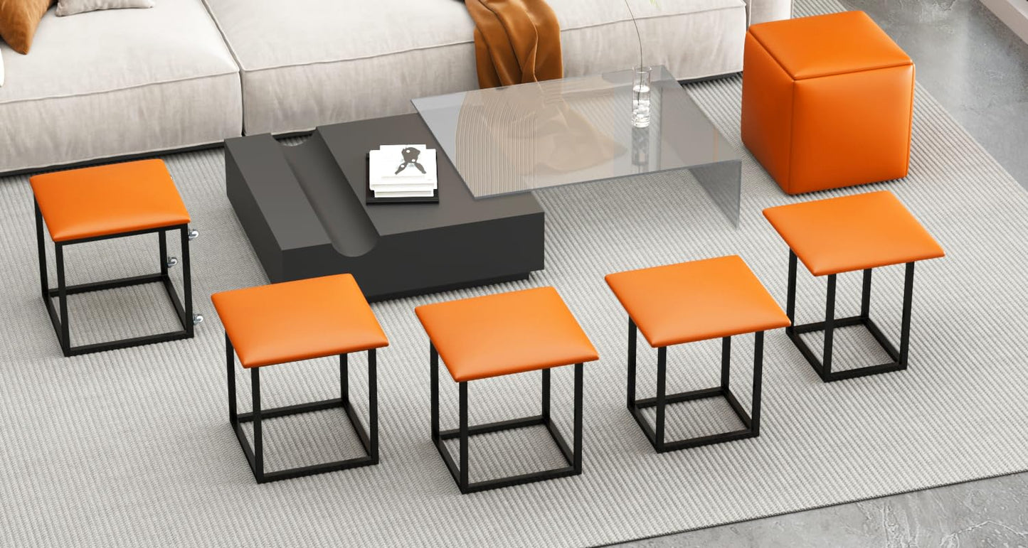 5-Piece Makeup Stool with Wheels, PU Leather Footrest Stool Ottoman Seat Vanity Stool, 5 in 1 Metal Frame Foot Rest Ottoman for Living Room, Bedroom, Orange