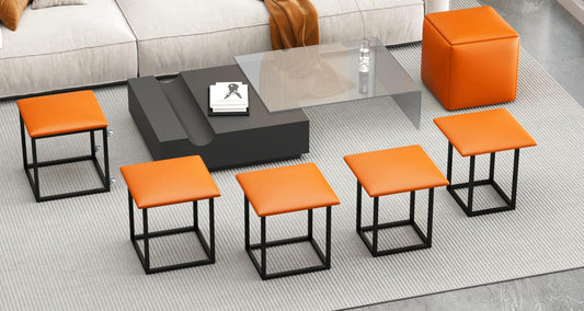 5-Piece Makeup Stool with Wheels, PU Leather Footrest Stool Ottoman Seat Vanity Stool, 5 in 1 Metal Frame Foot Rest Ottoman for Living Room, Bedroom, Orange