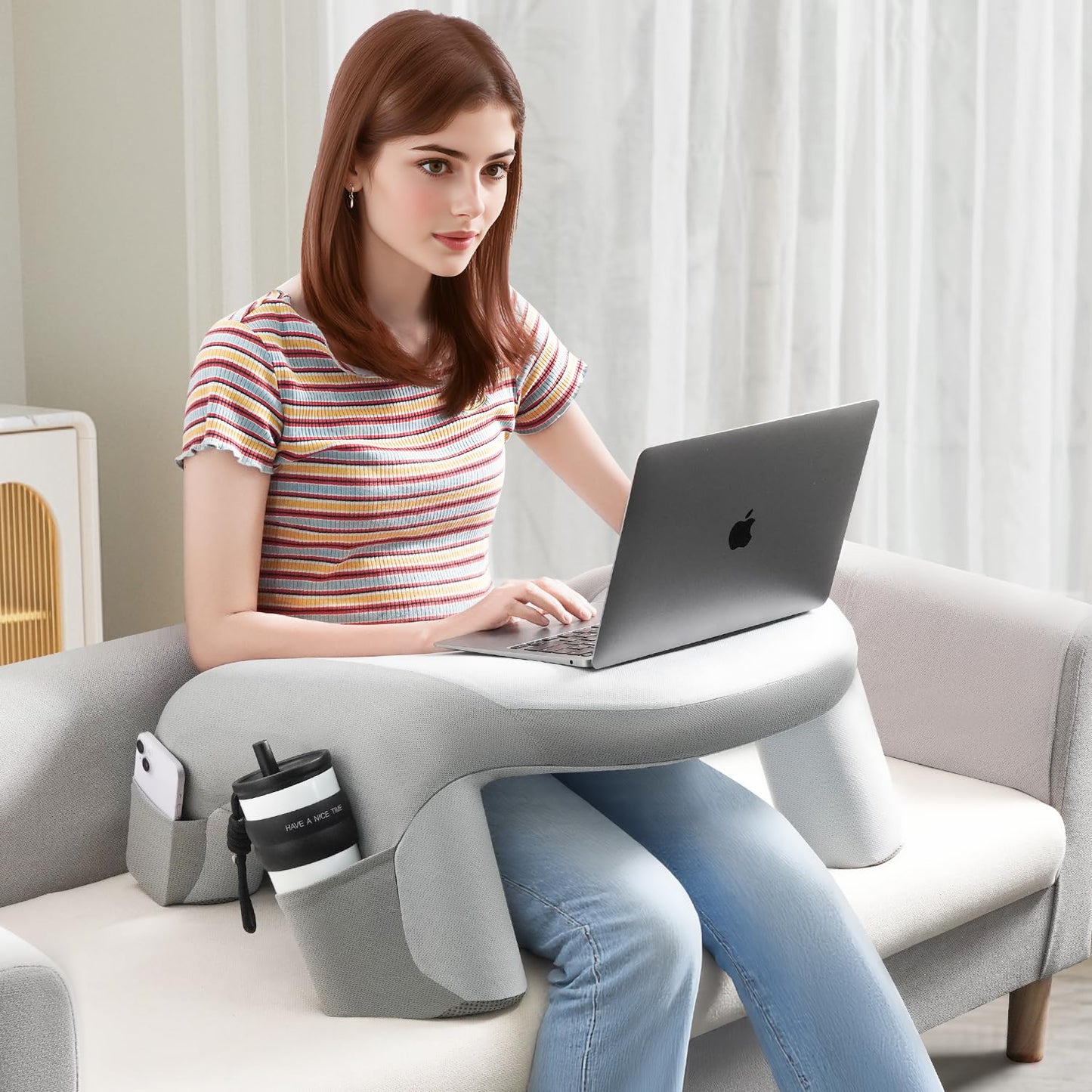 WOGAHEV Reading Pillow for Bed, Lap Desk for Laptop, Memory Foam Arm Rest Support Gaming Pillow with Cup/Phone Pocket, Laptop Lap Desk for Working, Gaming, Reading on Couch Bed Floor- Grey