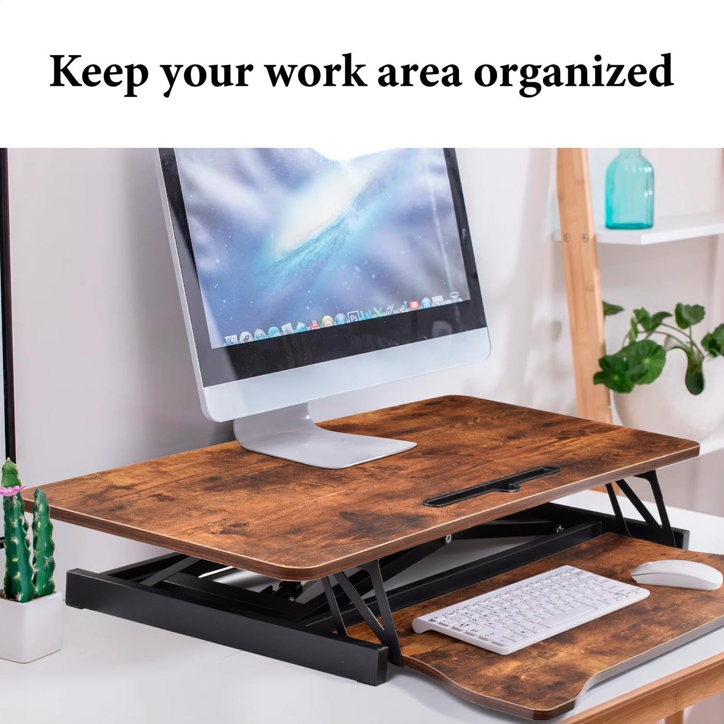 37 Inch Standing Desk Converter - Manual Pneumatic Spring, Two Monitor Stable Standing Desk Converter, 5.9"to18.8"Height Adjustable Laptop Workstation With Keyboard Tray For Home, Company(Tiger Brown)
